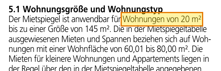 Textausschnitt aus dem Mietspiegel Dortmund: anwendbar für Wohnungen von 20 m² bis 145 m², Stelle markiert