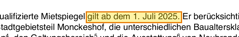 Textausschnitt aus dem Mietspiegel Neubrandenburg: Der qualifizierte Mietspiegel gilt ab dem 1. Juli 2025, Stelle markiert
